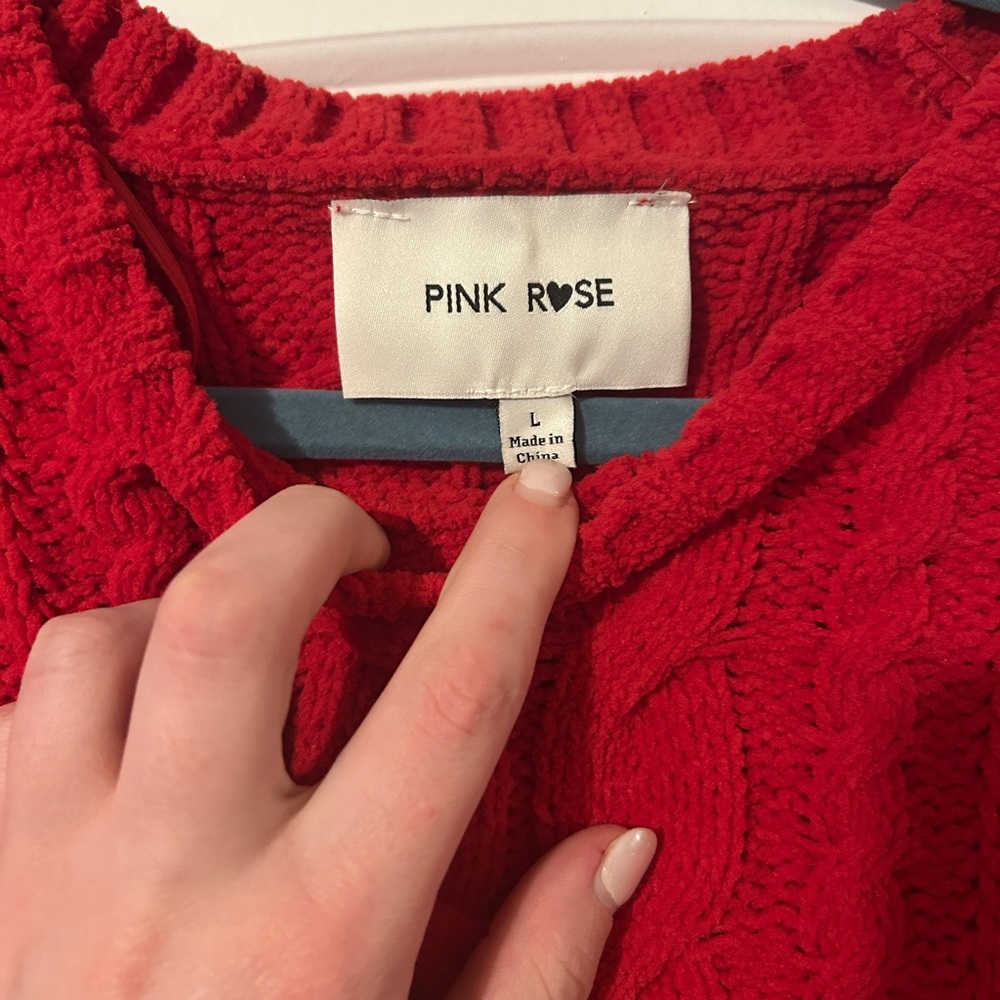 Pink Rose Size L Red Cable Knit Sweater - Picture 3 of 6
